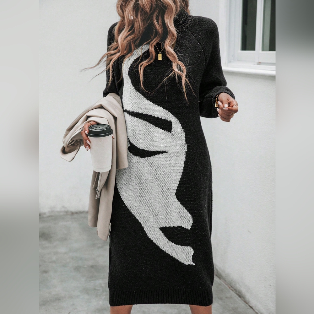 Figure Graphic Turtleneck Lantern Sleeve Sweater Dress - Picture 3 of 5